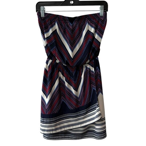 Express Chevron Design Strapless Faux Wrap Mini Dress Navy Red Multi Size XS - Picture 1 of 7